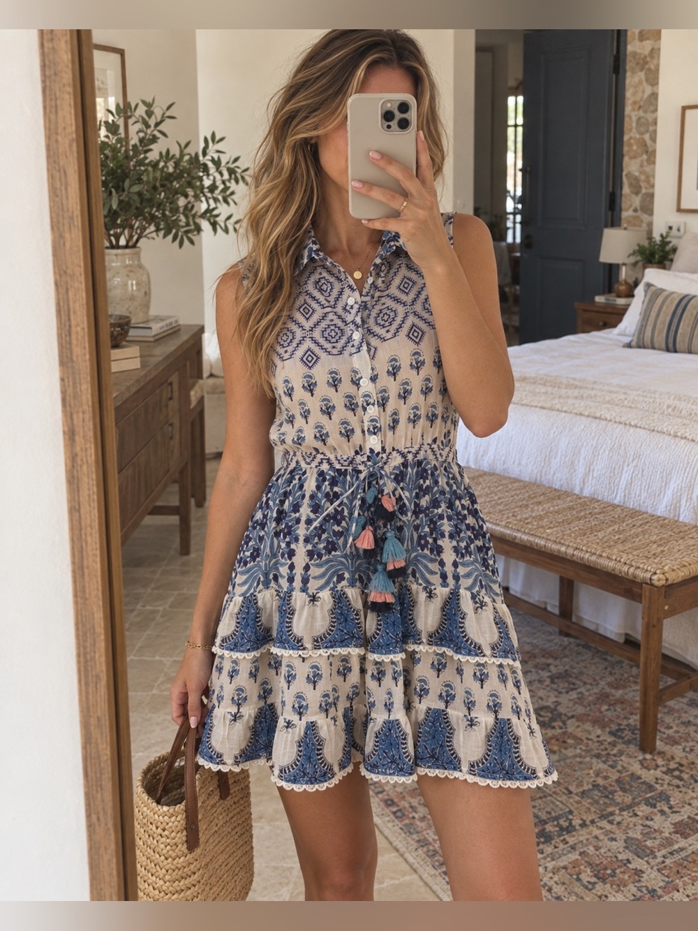 BELL by Alicia Bell Blue White Floral Tiered Cotton Silk Dress Size S